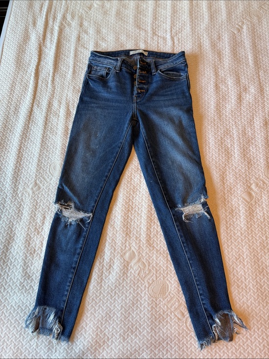 KanCan Denim - KanCan Dark Blue Distressed Skinny Jeans with Frayed Hem